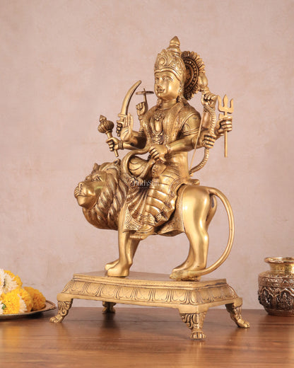 Large Superfine Brass Durga Mata Statue - Antique Golden Tone | Height 21.5 inch