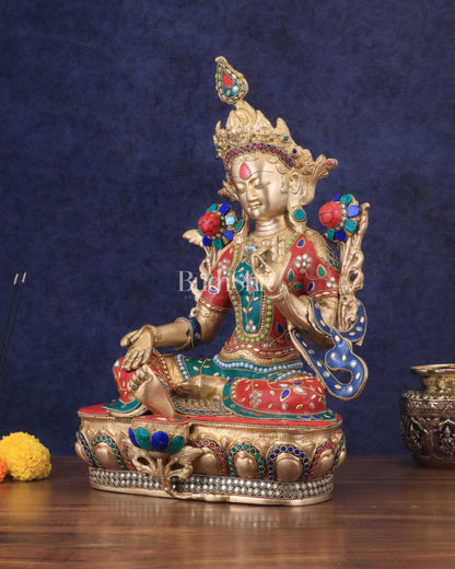 Large Pure Brass Green Tara Statue with Meenakari Stonework - 18.5"