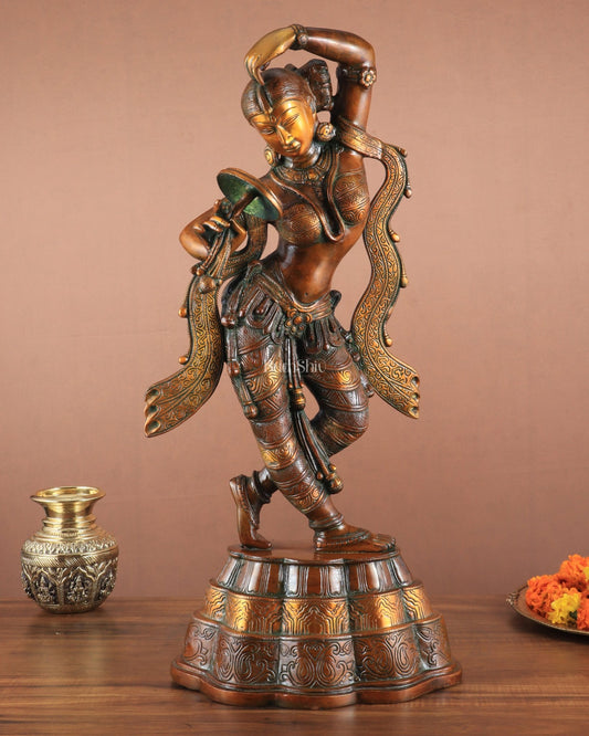 23" Apsara Statue Applying Vermillion (Sindoor) | Handmade Brass Murti - Budhshiv.com