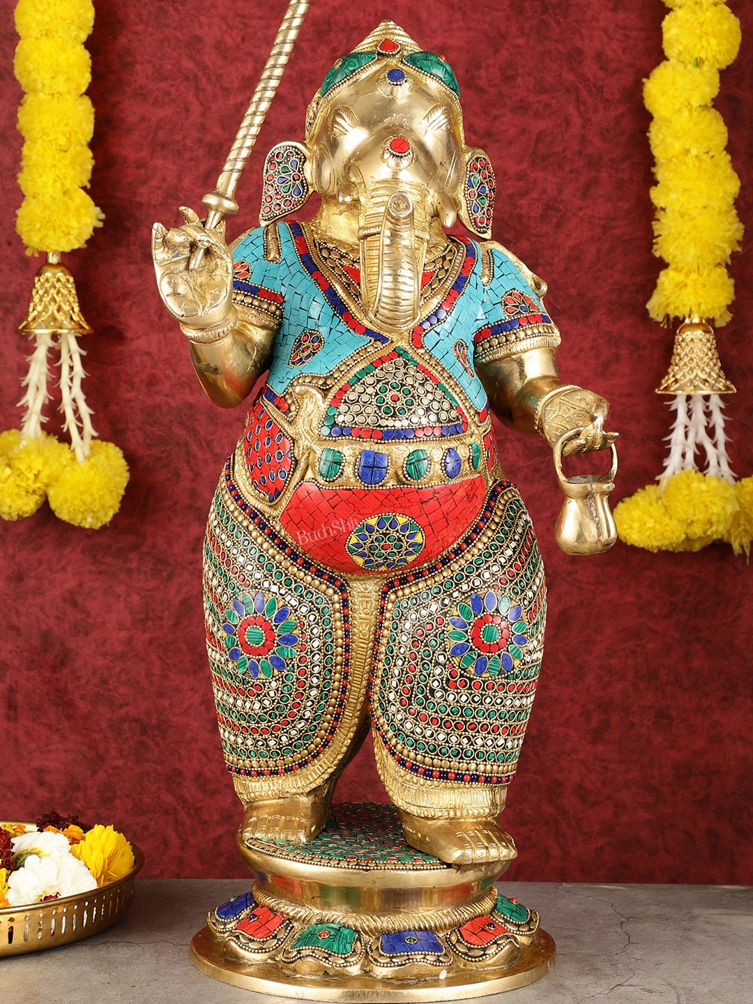 29 - inch Standing Lord Ganesha Statue with Umbrella meenakari Stonework - Budhshiv.com