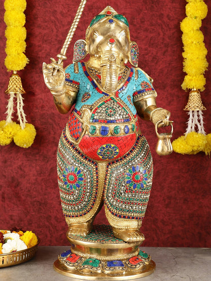 29 - inch Standing Lord Ganesha Statue with Umbrella meenakari Stonework - Budhshiv.com