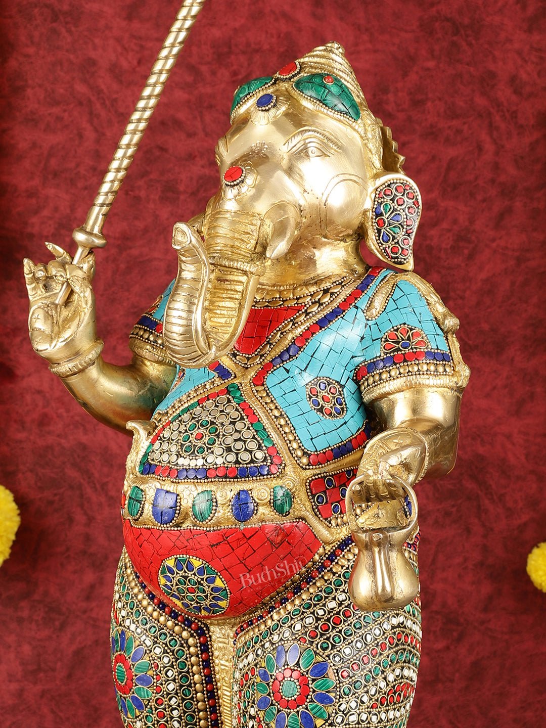 29 - inch Standing Lord Ganesha Statue with Umbrella meenakari Stonework - Budhshiv.com
