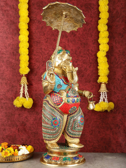 29 - inch Standing Lord Ganesha Statue with Umbrella meenakari Stonework - Budhshiv.com
