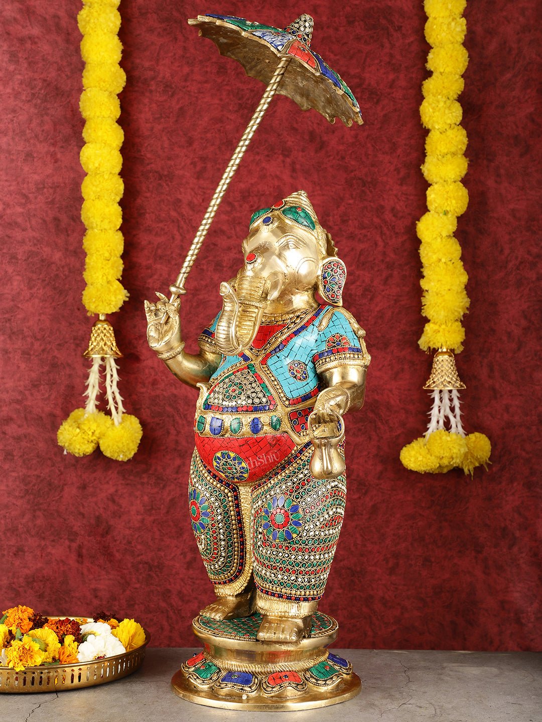 29 - inch Standing Lord Ganesha Statue with Umbrella meenakari Stonework - Budhshiv.com