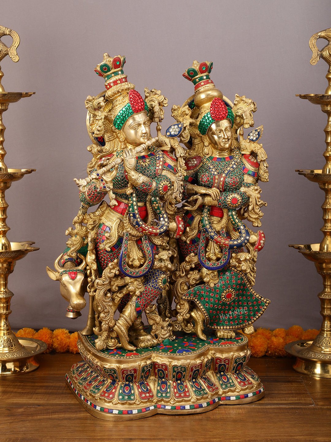 29" Superfine Large Brass Radha Krishna with cow Idol 29" - Budhshiv.com