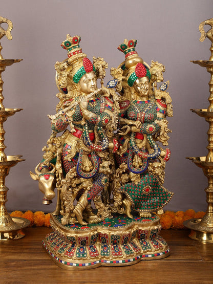 29" Superfine Large Brass Radha Krishna with cow Idol 29" - Budhshiv.com