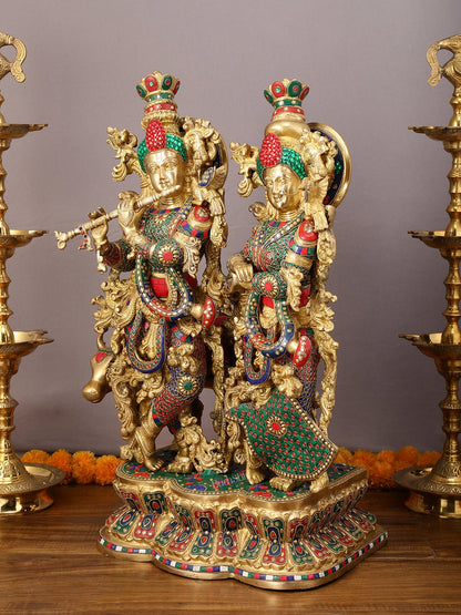 29" Superfine Large Brass Radha Krishna with cow Idol 29" - Budhshiv.com
