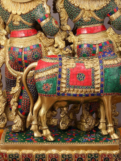 29" Superfine Large Brass Radha Krishna with cow Idol 29" - Budhshiv.com
