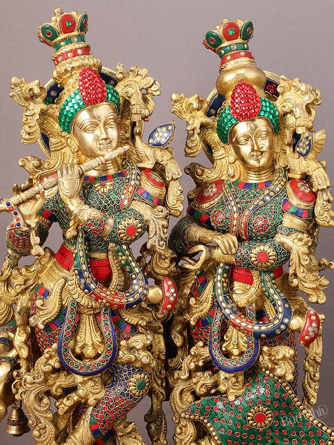 29" Superfine Large Brass Radha Krishna with cow Idol 29" - Budhshiv.com