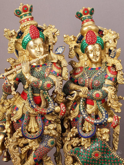 29" Superfine Large Brass Radha Krishna with cow Idol 29" - Budhshiv.com