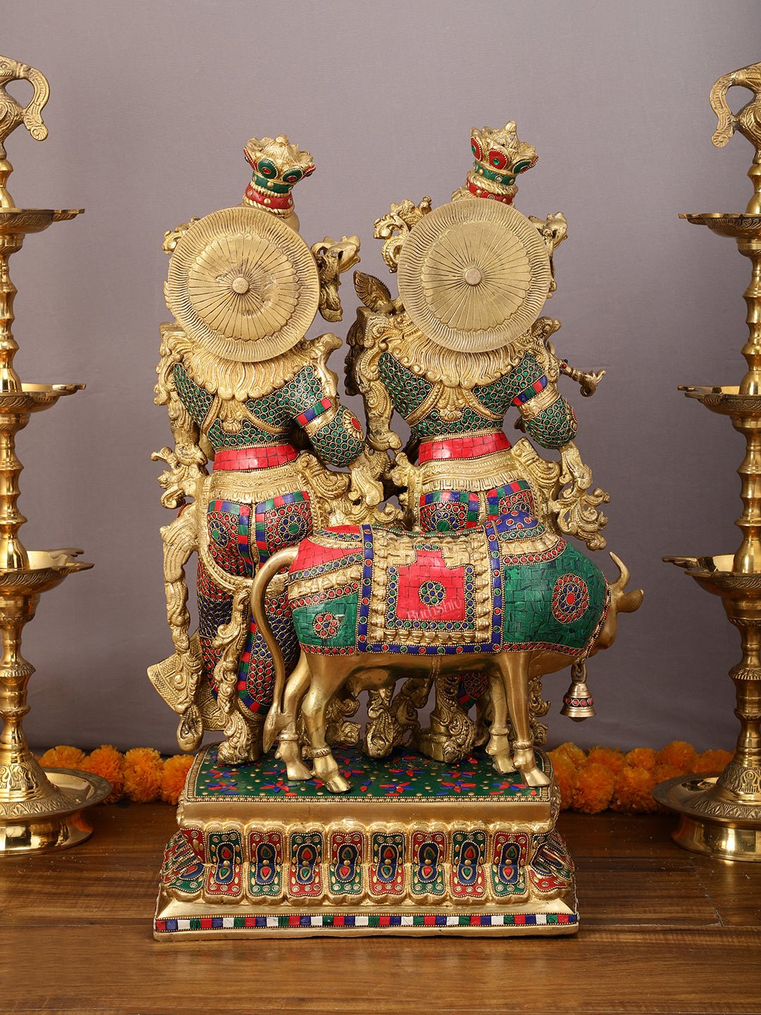 29" Superfine Large Brass Radha Krishna with cow Idol 29" - Budhshiv.com