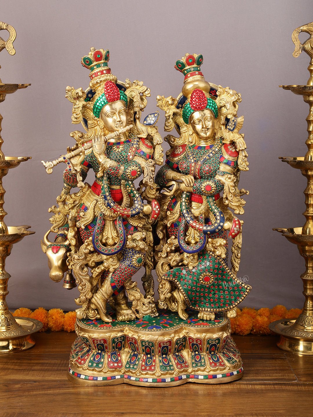 29" Superfine Large Brass Radha Krishna with cow Idol 29" - Budhshiv.com