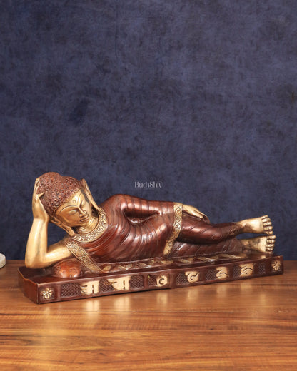 Brass Reclining Sleeping Buddha Sculpture in Unique Dual Tone 20 inch wide