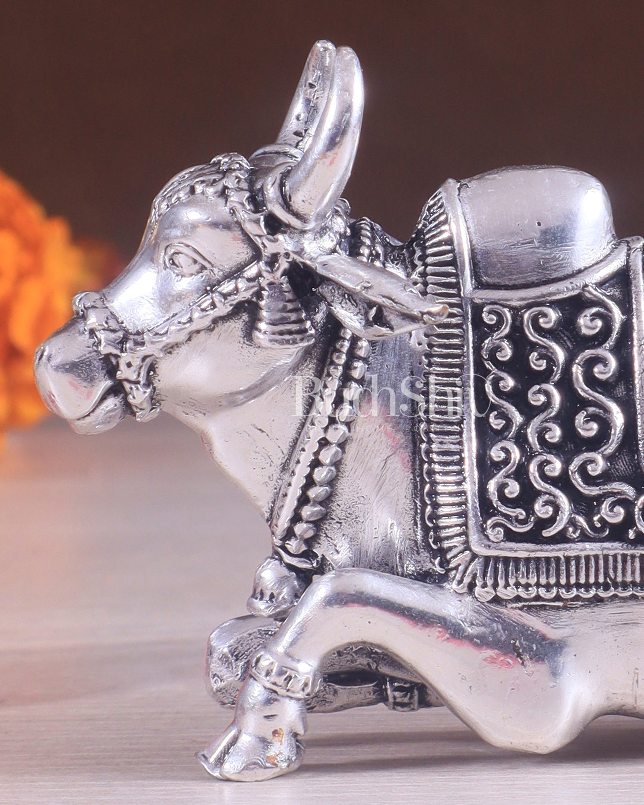 Brass Superfine Miniature Nandi Idol - 4" silver plated