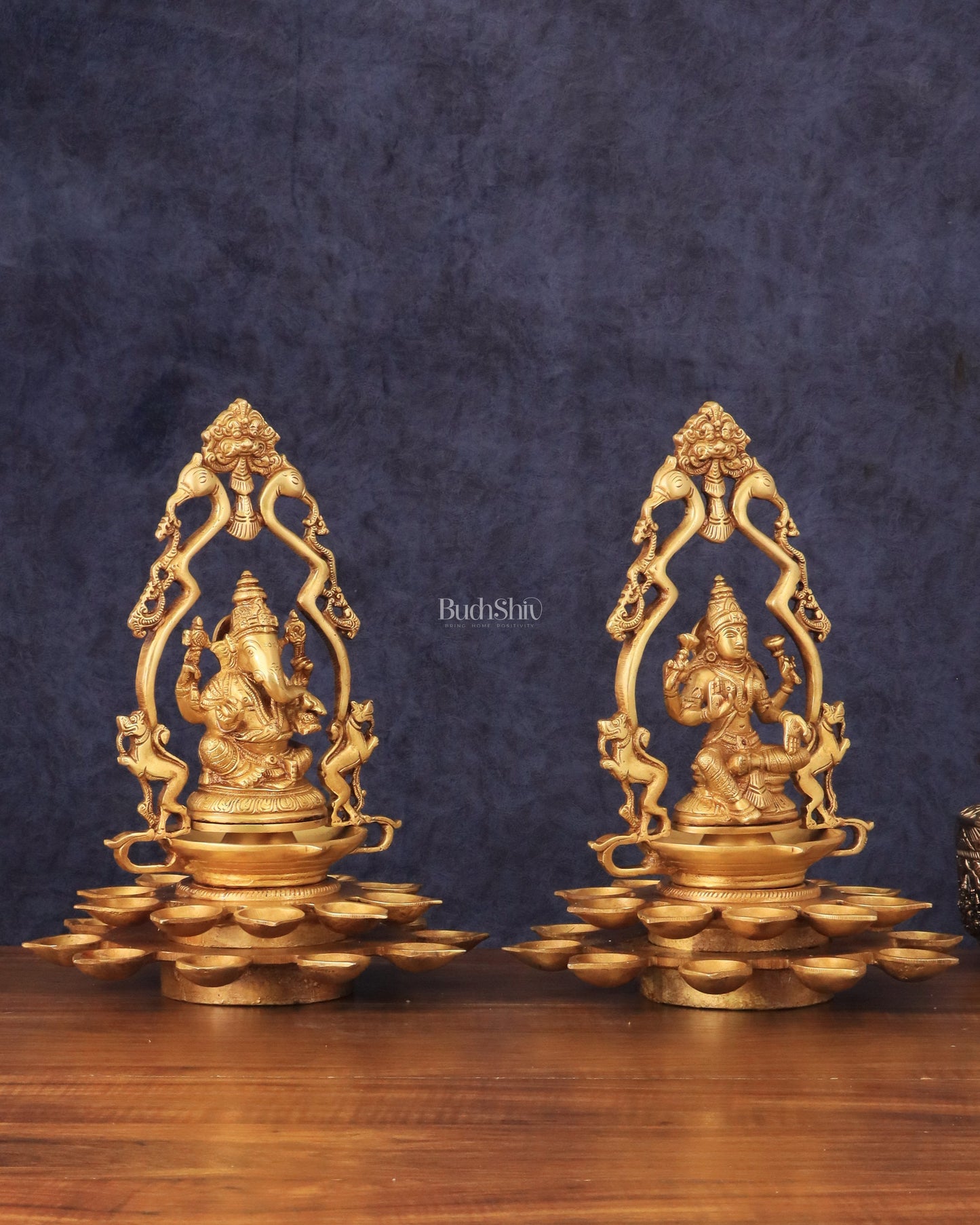 Pure Brass Ganesha and Goddess Lakshmi Statues with Diyas and Thiruvarchi Frames - 12"