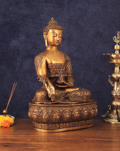 Pure Brass Handcrafted Medicine Buddha Statue with Dragon Carvings 22"