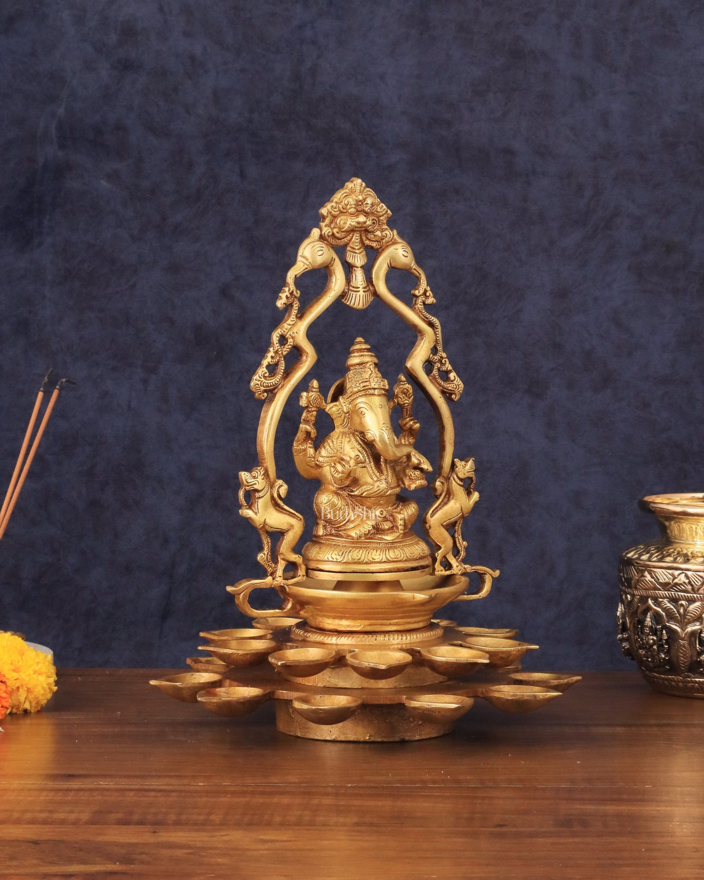 Pure Brass Unique Ganesha Statue with Diyas and Thiruvarchi Frame - 12"