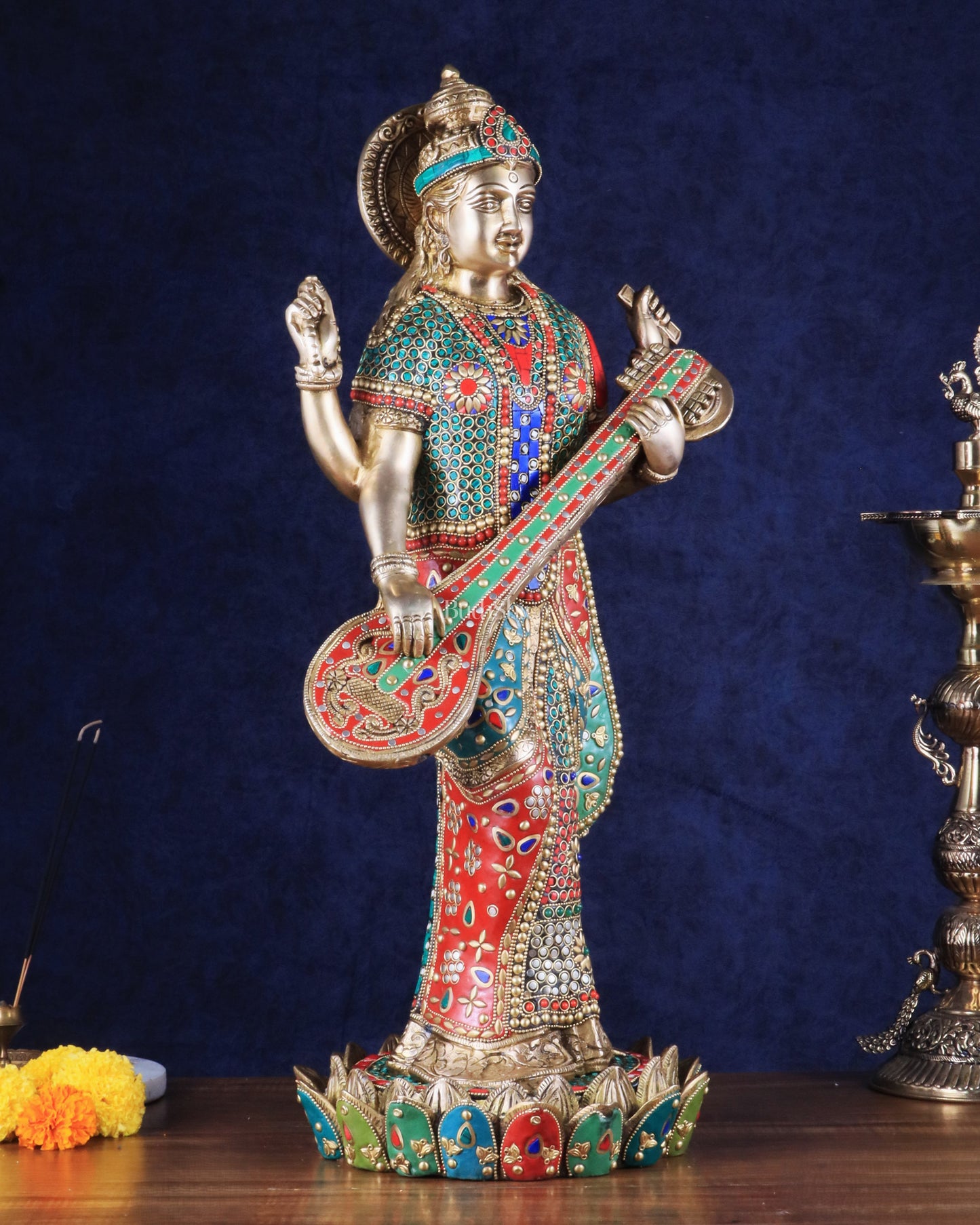 Standing Saraswati Brass Murti meenakari - 25 inch