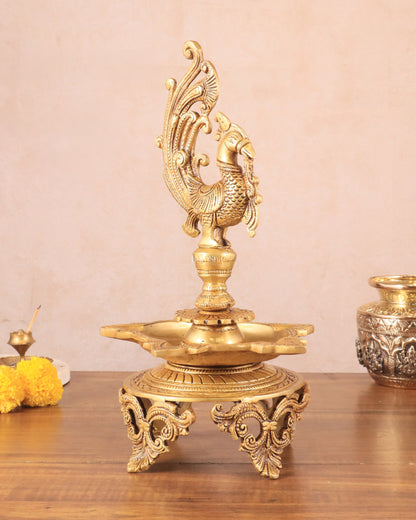 Pure Brass Unique Peacock Annam Pakshi Oil Lamp - 13.5"