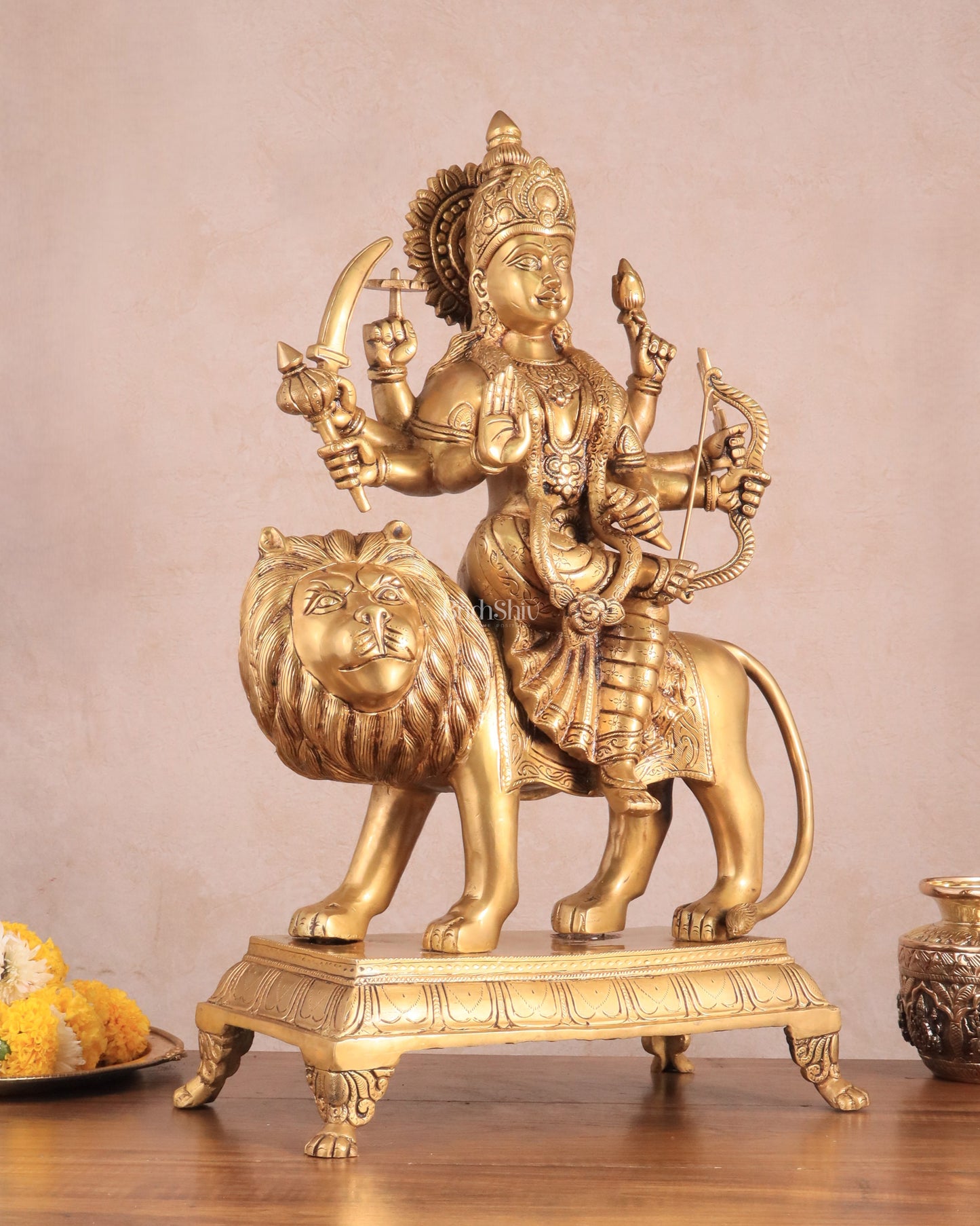 Large Superfine Brass Durga Mata Statue - Antique Golden Tone | Height 21.5 inch