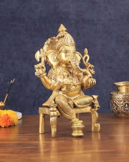 Exquisite Brass Lord Ganesha Seated on Throne Statue - 12" Tall