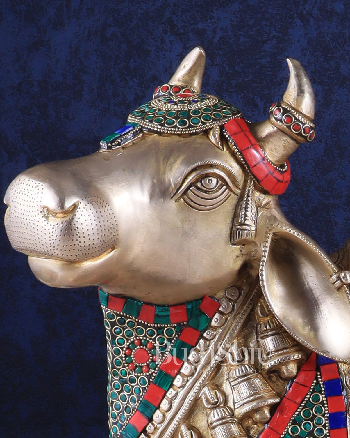 Elegant Brass Nandi Statue with Intricate Stonework 21"