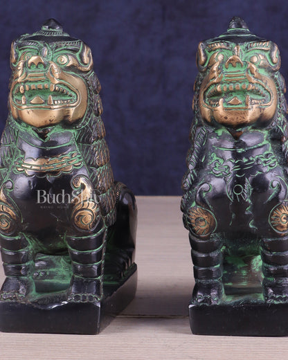 Brass Tibetan Snow Lion Pair – Antique Black & Green Finish