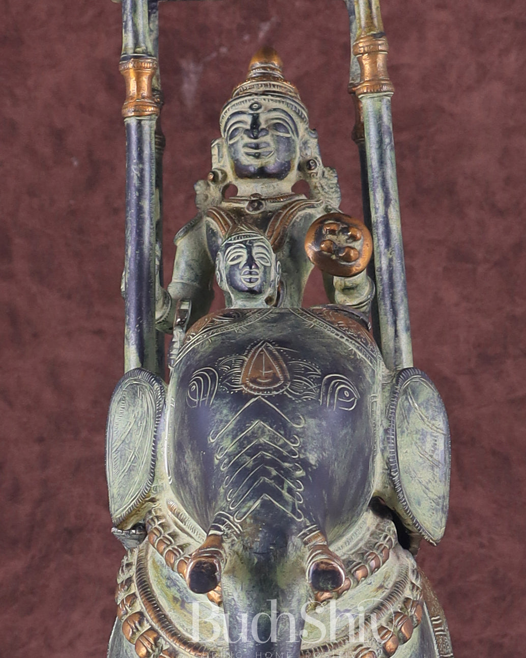 Brass Lord Indra Statue on Elephant – Vintage Sand Patina Finish 21.5"