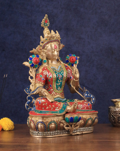 Large Pure Brass Green Tara Statue with Meenakari Stonework - 18.5"