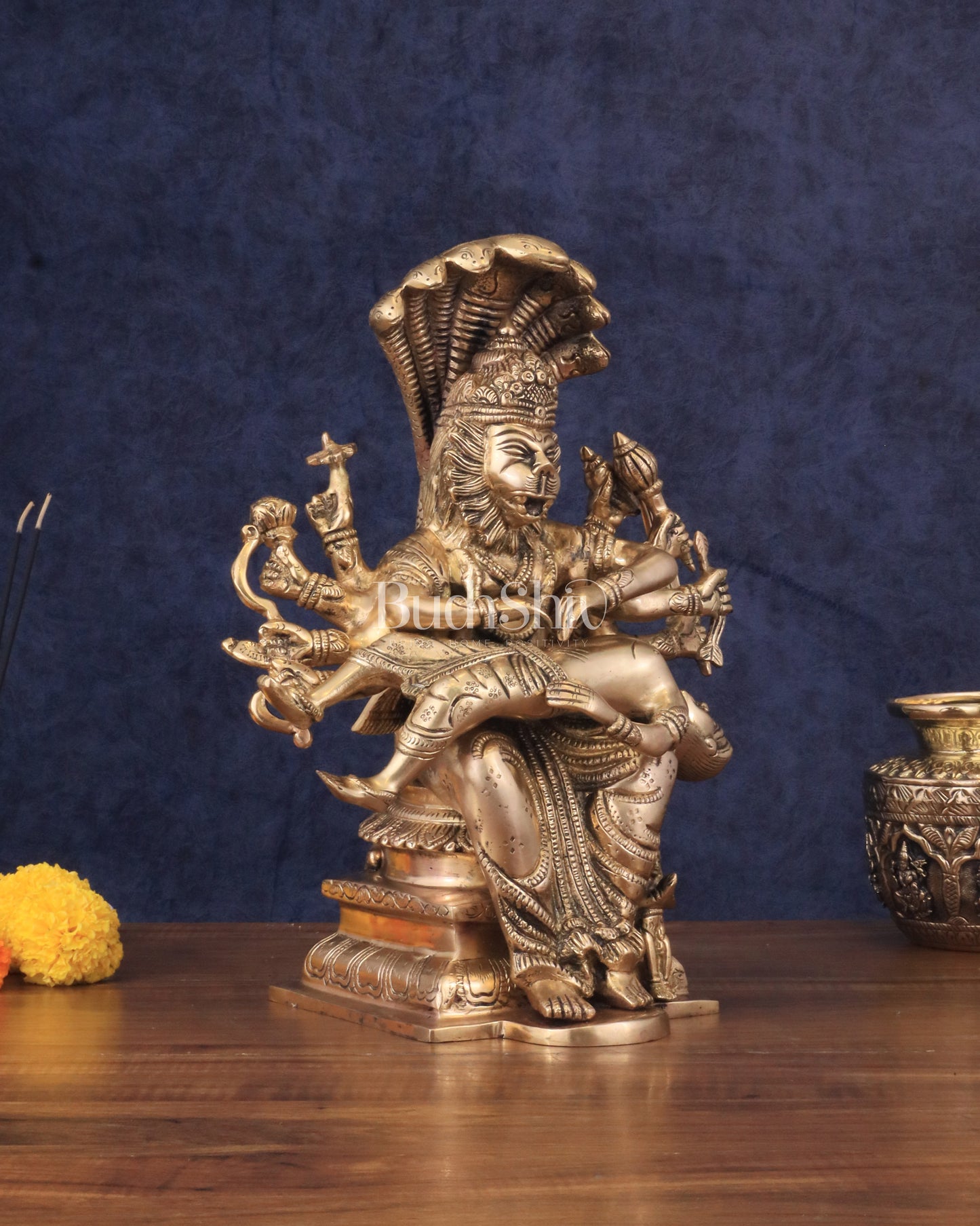 Pure Brass Narasimha Statue killing Hiranyakashipu and Prahlad - 13"