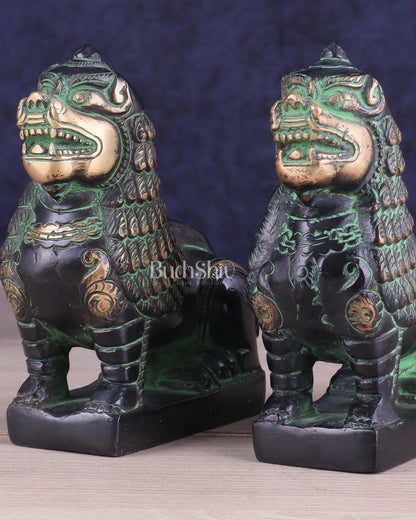 Brass Tibetan Snow Lion Pair – Antique Black & Green Finish