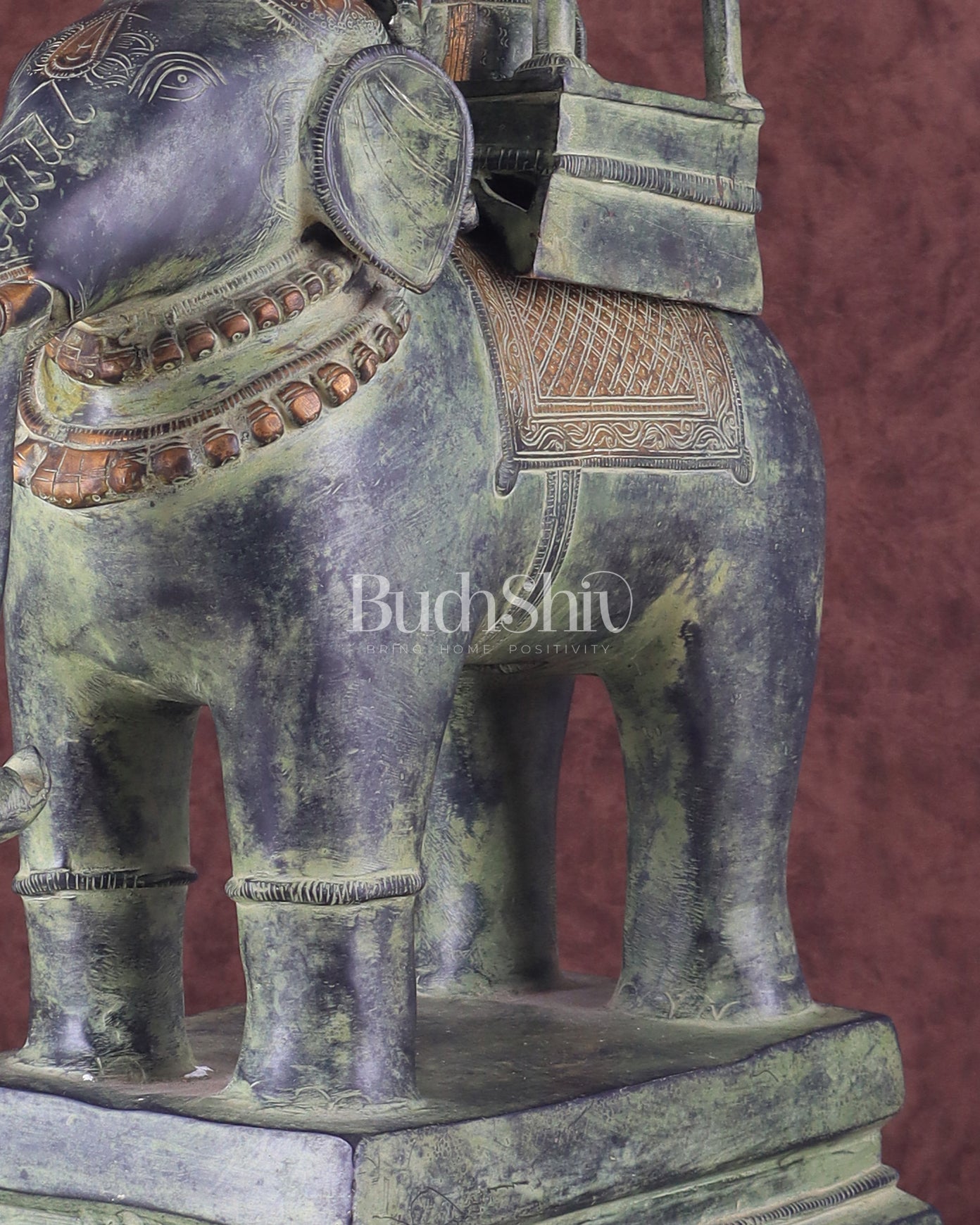 Brass Lord Indra Statue on Elephant – Vintage Sand Patina Finish 21.5"