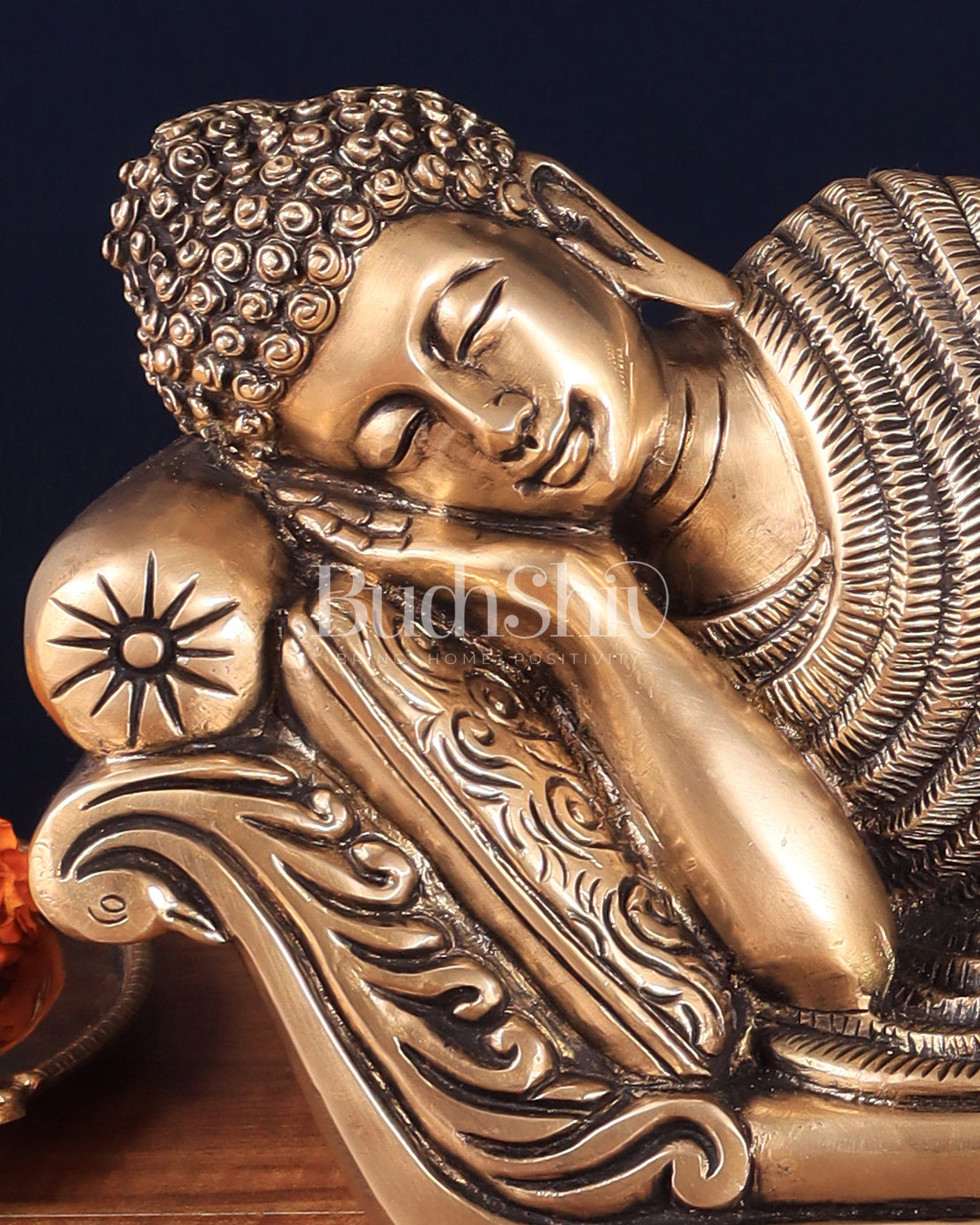 Unique Brass Sleeping Buddha Statue – 7" x 16.5" x 5" | Auspicious & Calming Decor