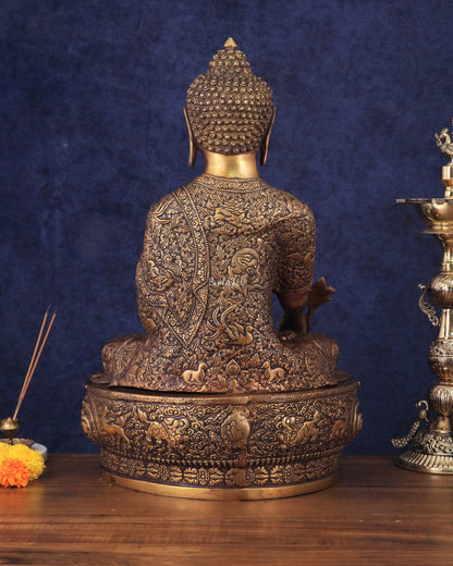 Pure Brass Handcrafted Medicine Buddha Statue with Dragon Carvings 22"