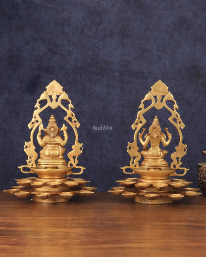 Pure Brass Ganesha and Goddess Lakshmi Statues with Diyas and Thiruvarchi Frames - 12"