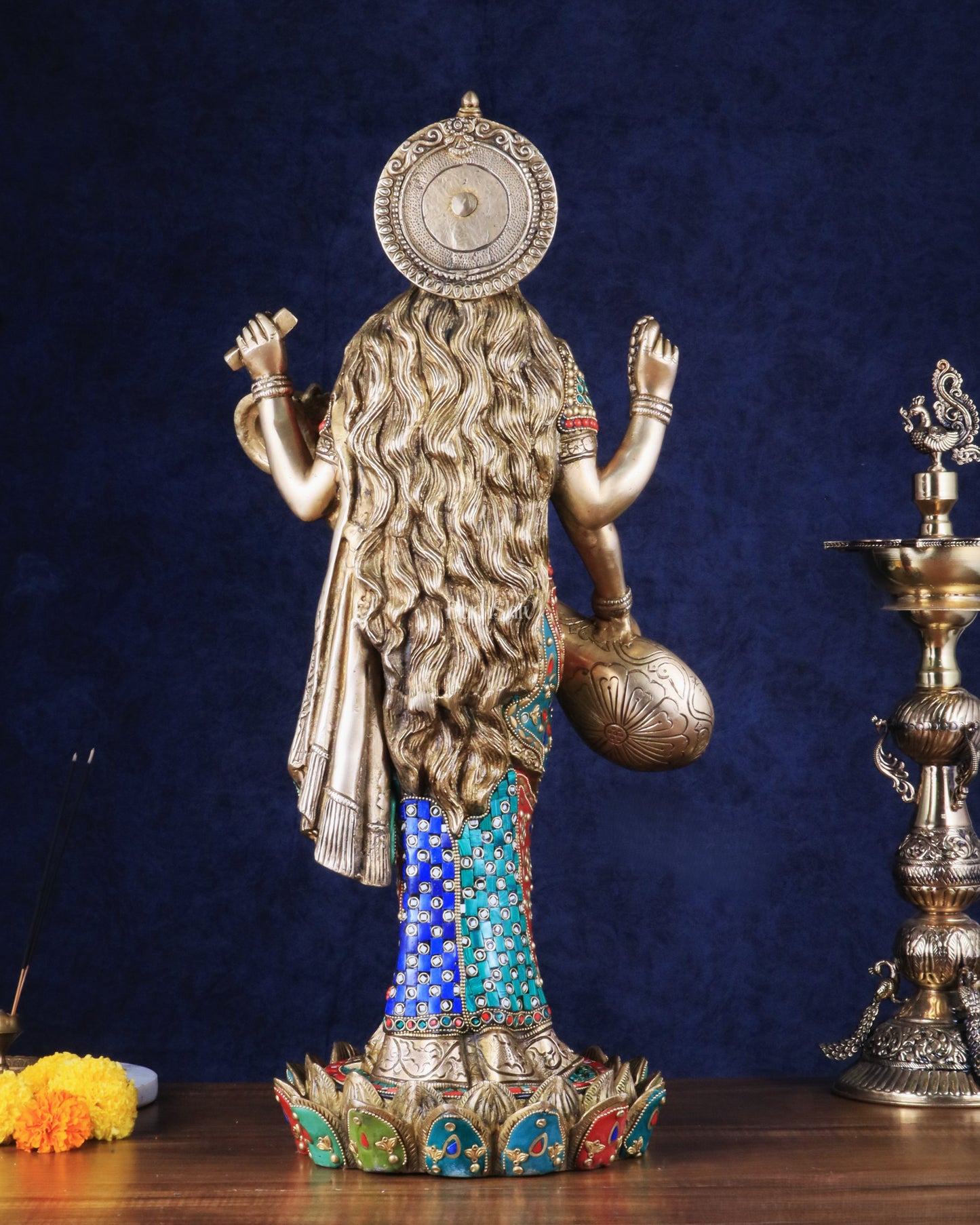 Standing Saraswati Brass Murti meenakari - 25 inch