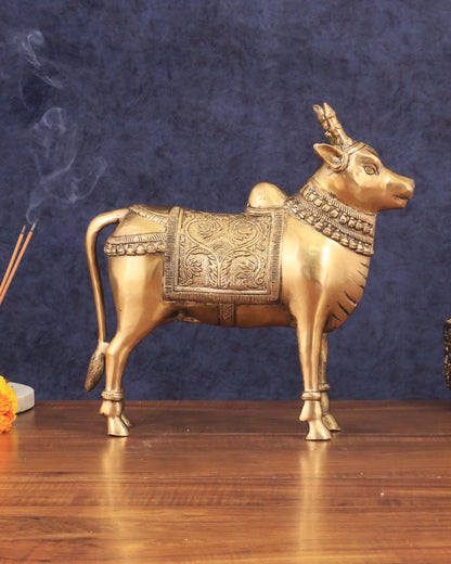 Brass Standing Nandi Statue in Golden Tone - 16"