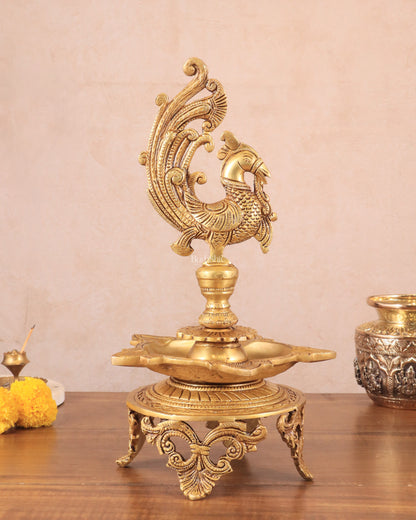 Pure Brass Unique Peacock Annam Pakshi Oil Lamp - 13.5"