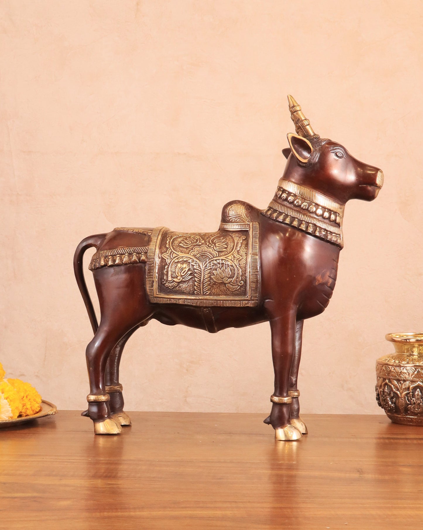 Brass Standing Nandi Statue in vintage Tone - 16"