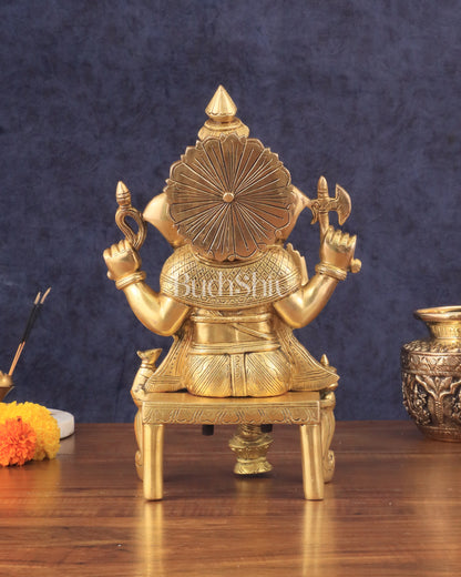 Exquisite Brass Lord Ganesha Seated on Throne Statue - 12" Tall