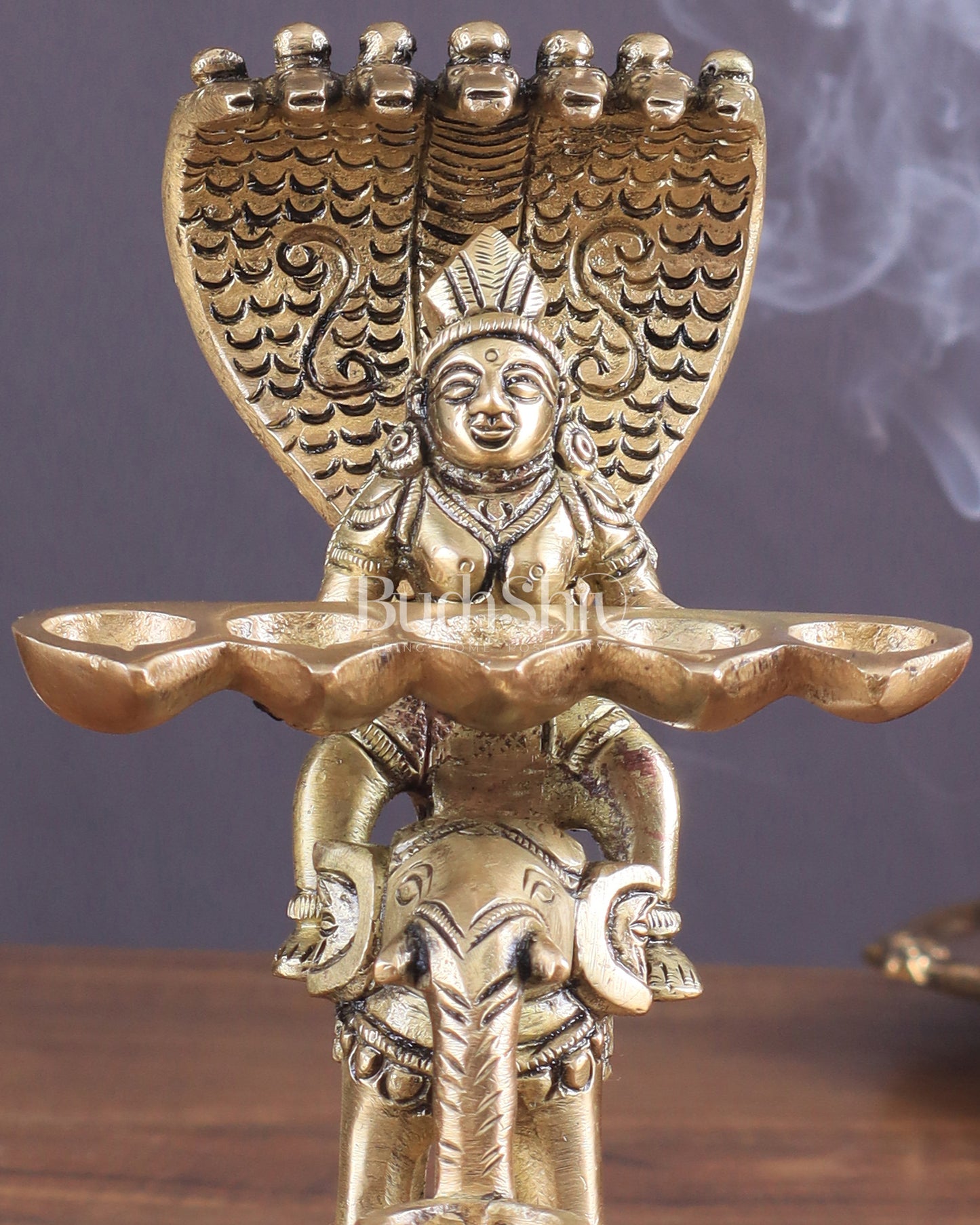 Pure Brass Superfine Naag Kanya Sitting on an Elephant Aarti Diya – Rare Find 6"