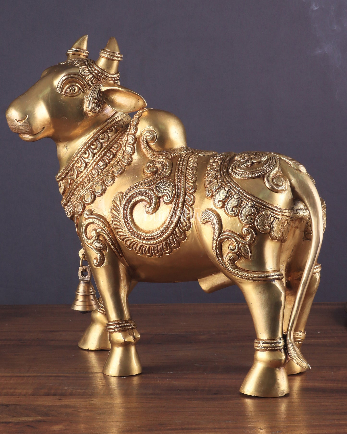 Pure Brass Large Standing Nandi Fully Engraved Sculpture  14"