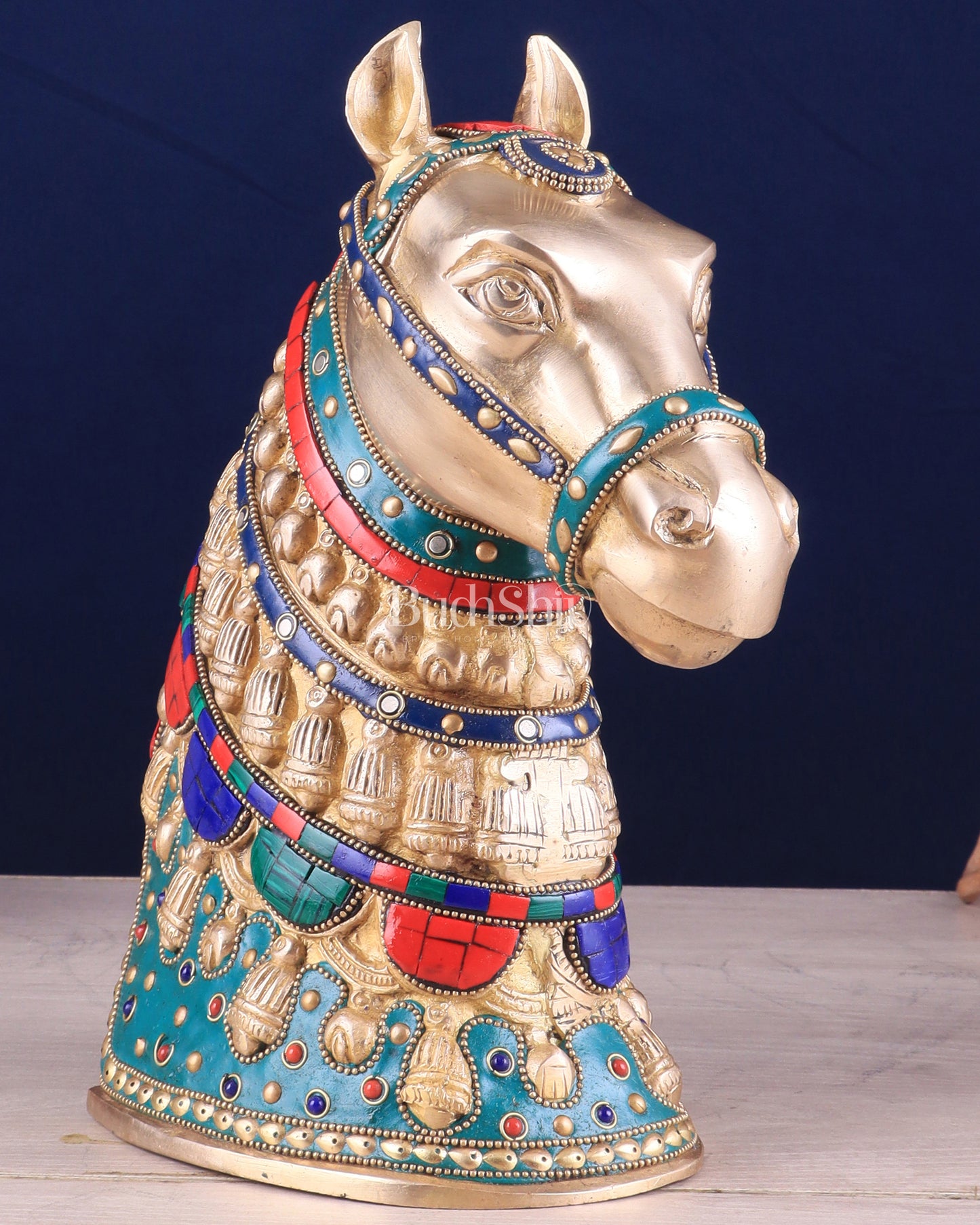 Pure Brass Horse Head Showpiece - stonework | 11 Inch