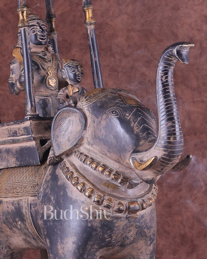 Brass Lord Indra Statue on Elephant with trunk up – Vintage Sand Patina Finish 21.5"