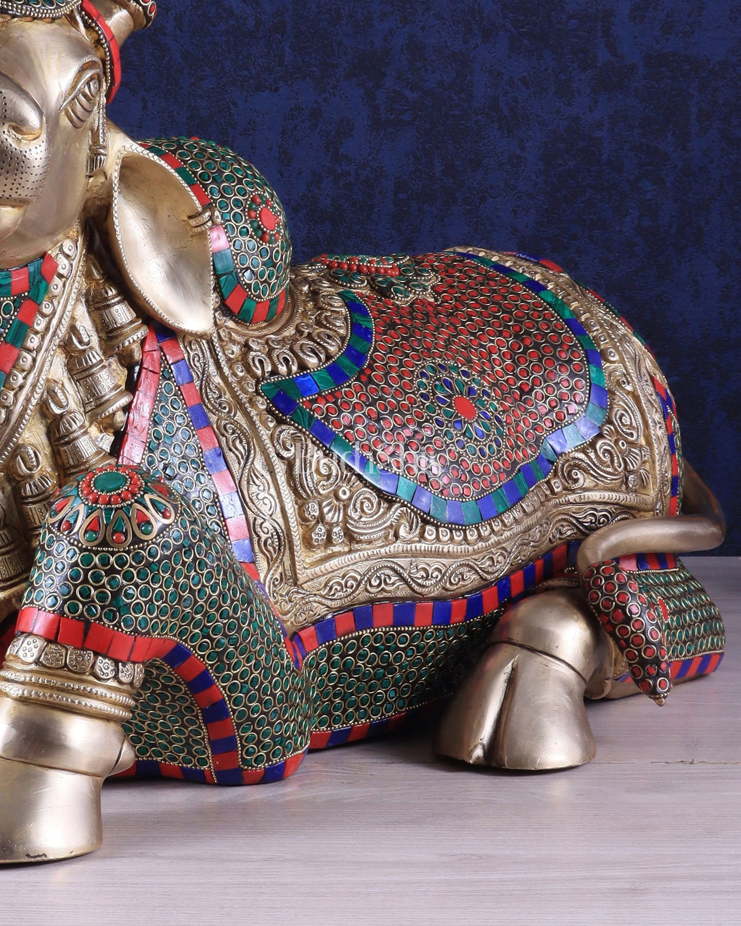 Elegant Brass Nandi Statue with Intricate Stonework 21"