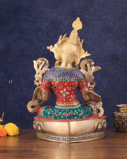 Large Pure Brass Green Tara Statue with Meenakari Stonework - 18.5"