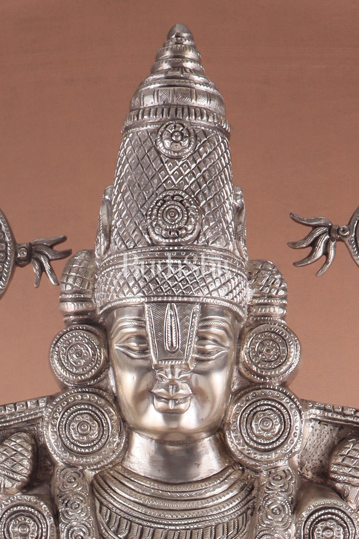 Pure Brass Lord Tirupati Balaji silver plated Statue with Goddess Padmavathi Engraved - 34.5 Inch