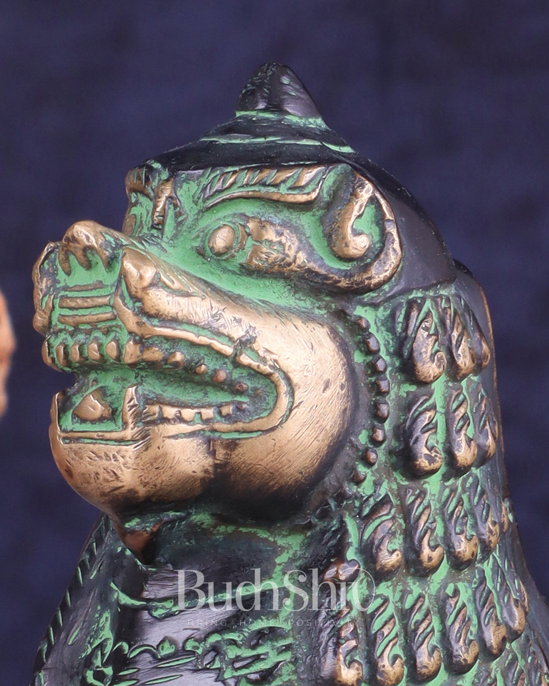 Brass Tibetan Snow Lion Showpiece – black and green tone