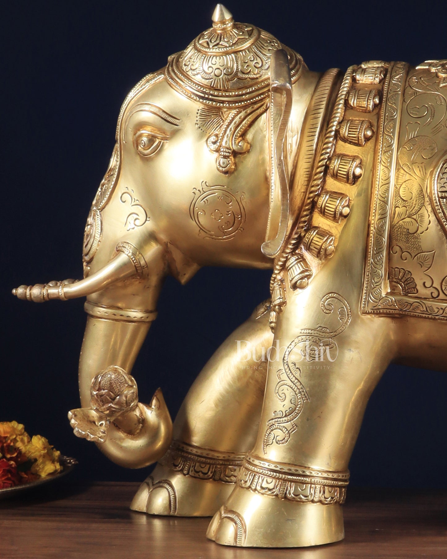 Pure Brass Large Elephant Statue with Enhanced Carvings 29"