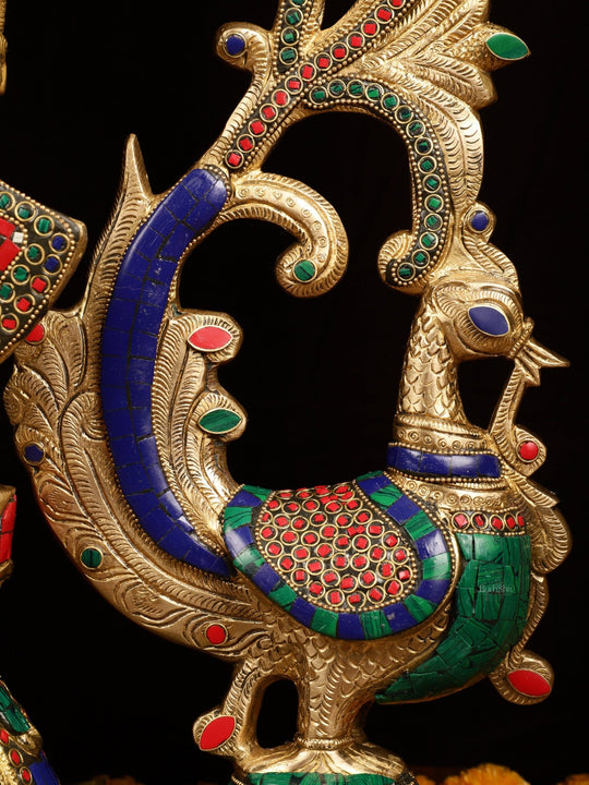 45" Contrasted Majestic Brass Radha Krishna with Peacock Temple Arch - Budhshiv.com
